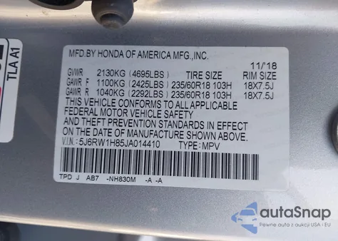 2018 Honda Cr-V Ex-L/Ex-L Navi из США, поврежденный, VIN 5J6RW1H85JA014410